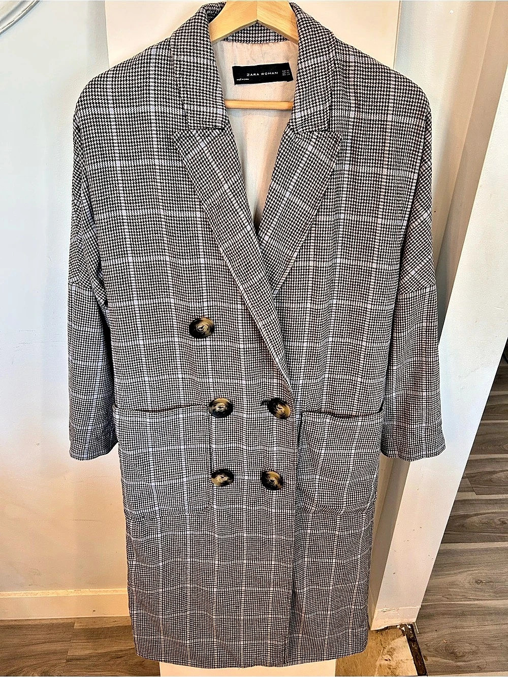 Zara Woman Plaid Houndstooth Longline Coat with Blue Check - Size XS